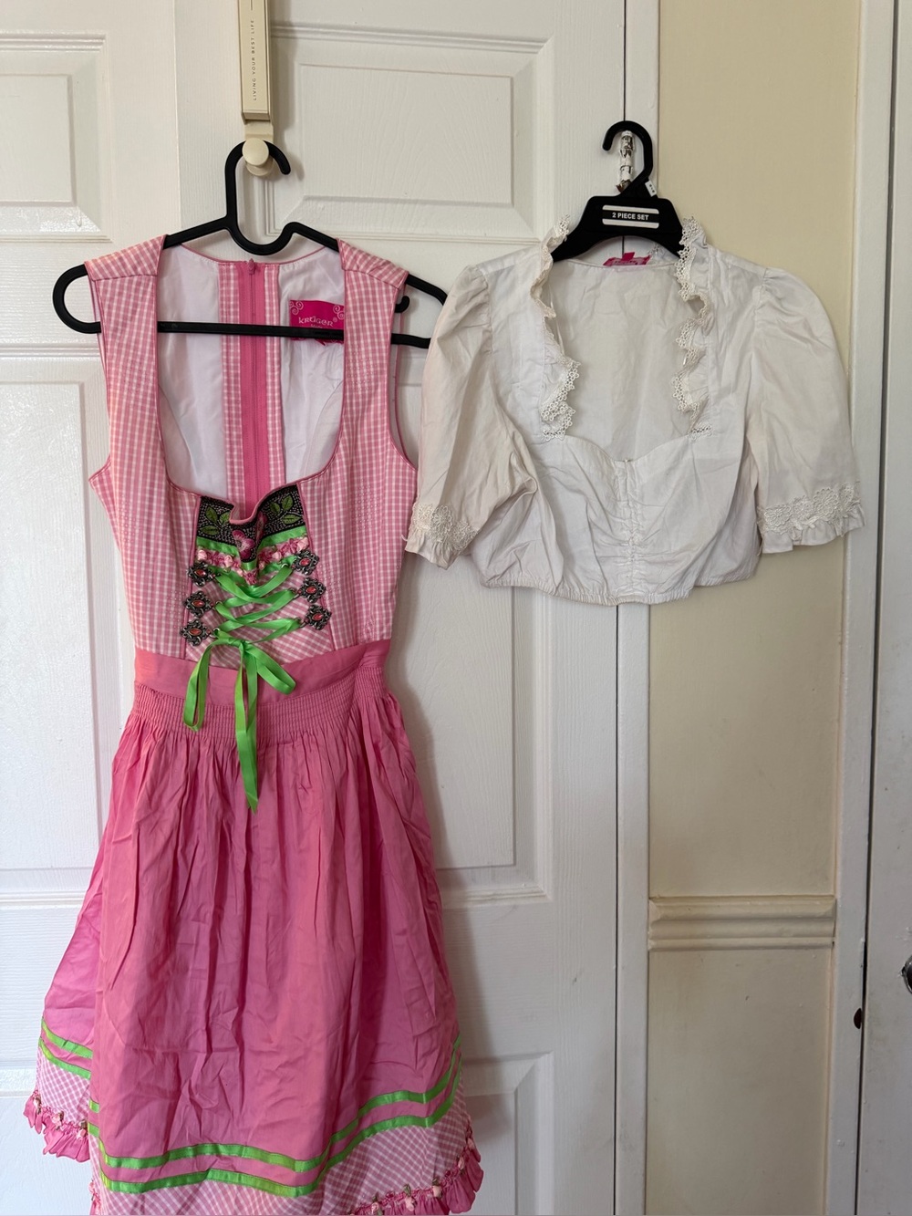 Kruger Pink Dirndl Costume with White Blouse and Green Accents
